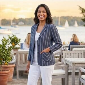 Cabi 100% Linen Blazer Blue Nautical Stripe Sport Coat Jacket Womens 10 Coastal